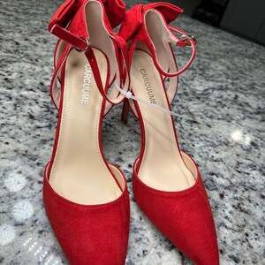 Carcuume Red Suede Pointed Toe Ankle Strap Heels with Bow Back